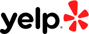 Yelp logo with black text and a red starburst symbol on a light background.